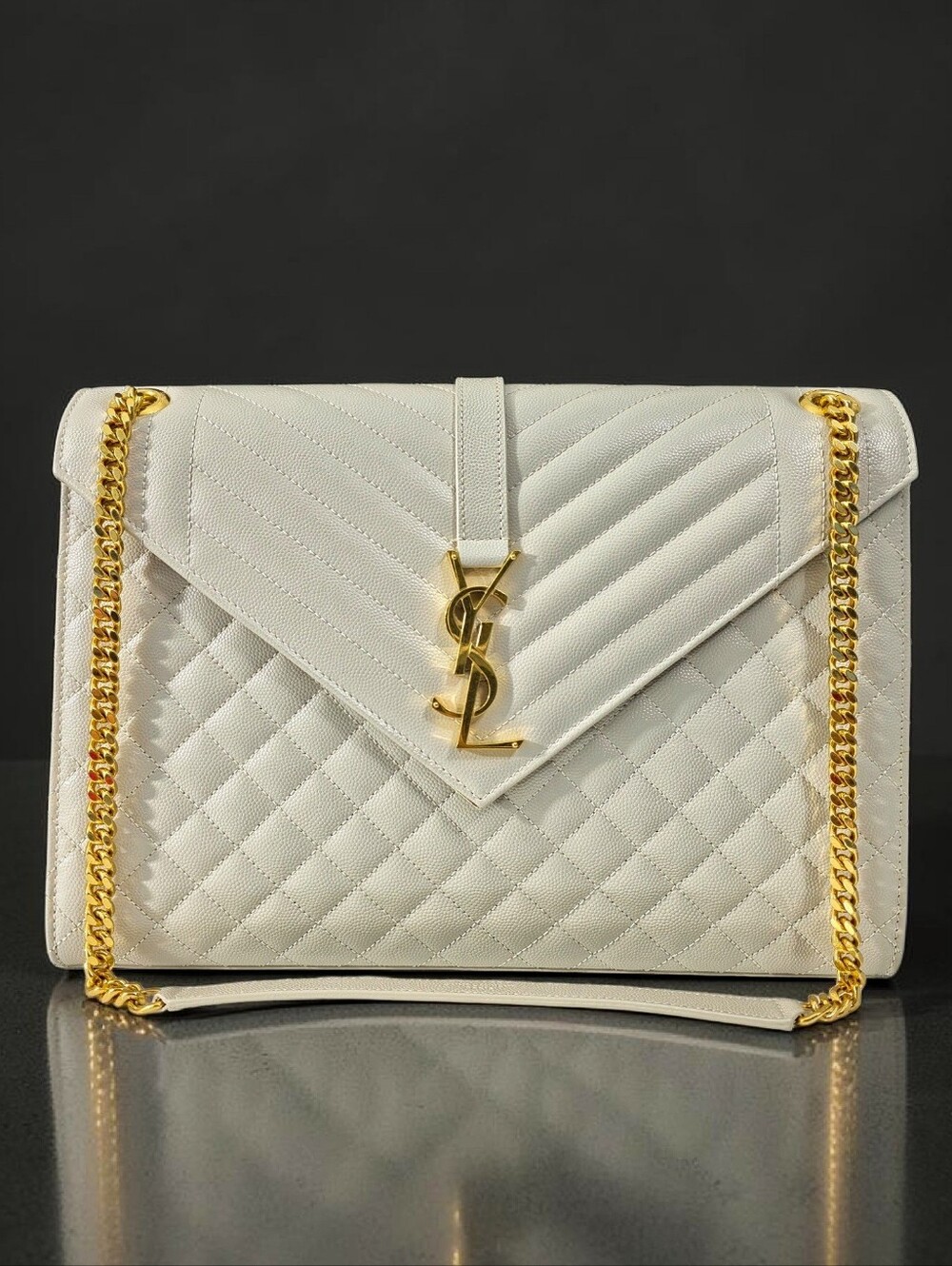 Saint Laurent Large Envelope Triquilt in Grained ivory Leather Gold Hardware - Picture 8 of 16